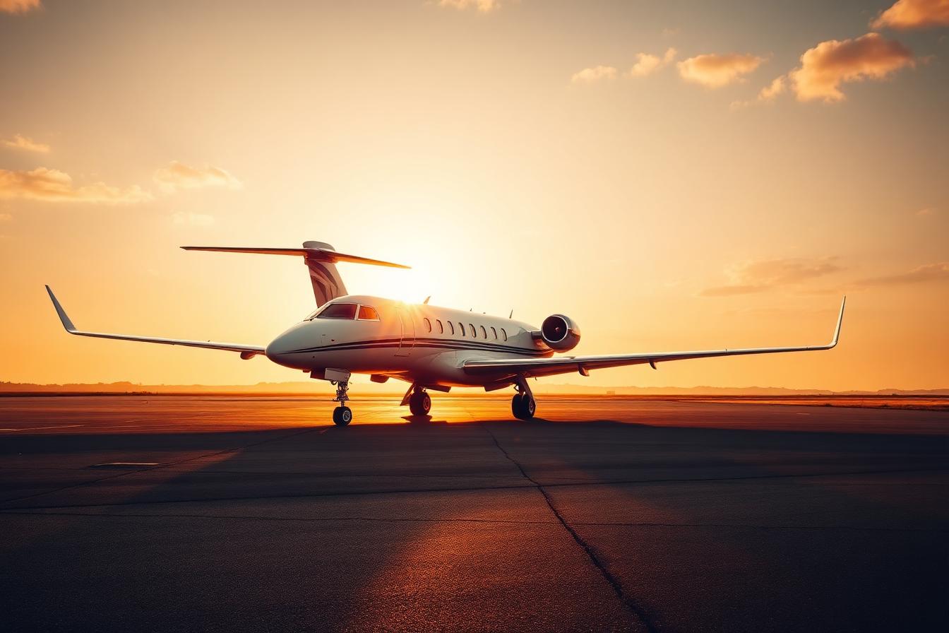 Private jet on the tarmac at sunset